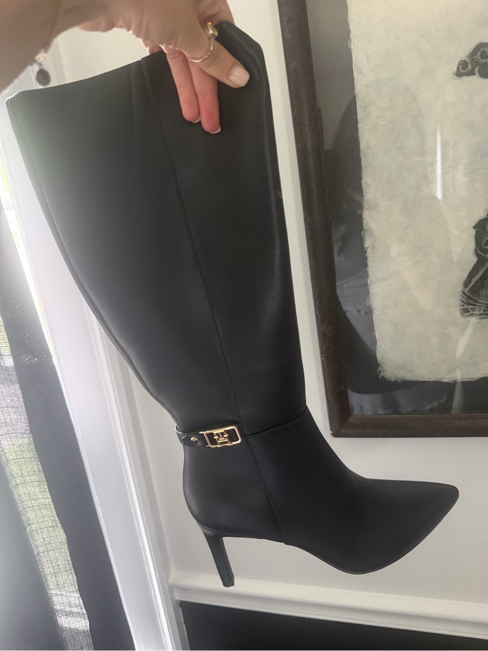 Tommy Hilfiger Black Pointed Toe Mid-Calf Heel Boots with Gold Buckle